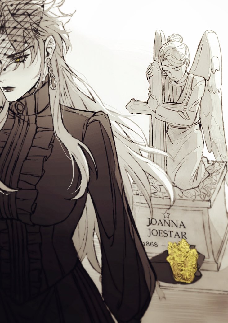 1girl animal_ears black_dress breasts chinese_commentary commentary_request dio_brando dress flower funeral_dress funeral_veil genderswap genderswap_(mtf) grave graveyard hako_iix07 jojo_no_kimyou_na_bouken large_breasts lipstick long_hair long_sleeves makeup outdoors phantom_blood veil very_long_hair yellow_eyes yellow_flower