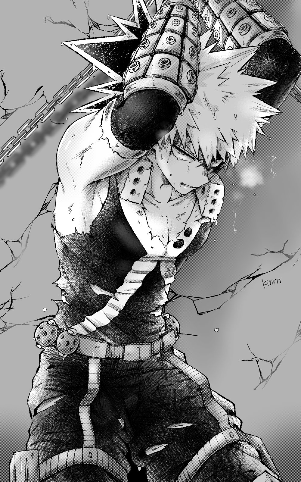 1boy armpits arms_up bakugou_katsuki belt boku_no_hero_academia bound bound_wrists chain elbow_sleeve explosive eye_mask grenade highres kmrn knee_pads looking_at_viewer male_focus monochrome muscular muscular_male pants pectoral_cleavage pectorals short_hair solo standing superhero_costume sweat tank_top torn_clothes torn_mask
