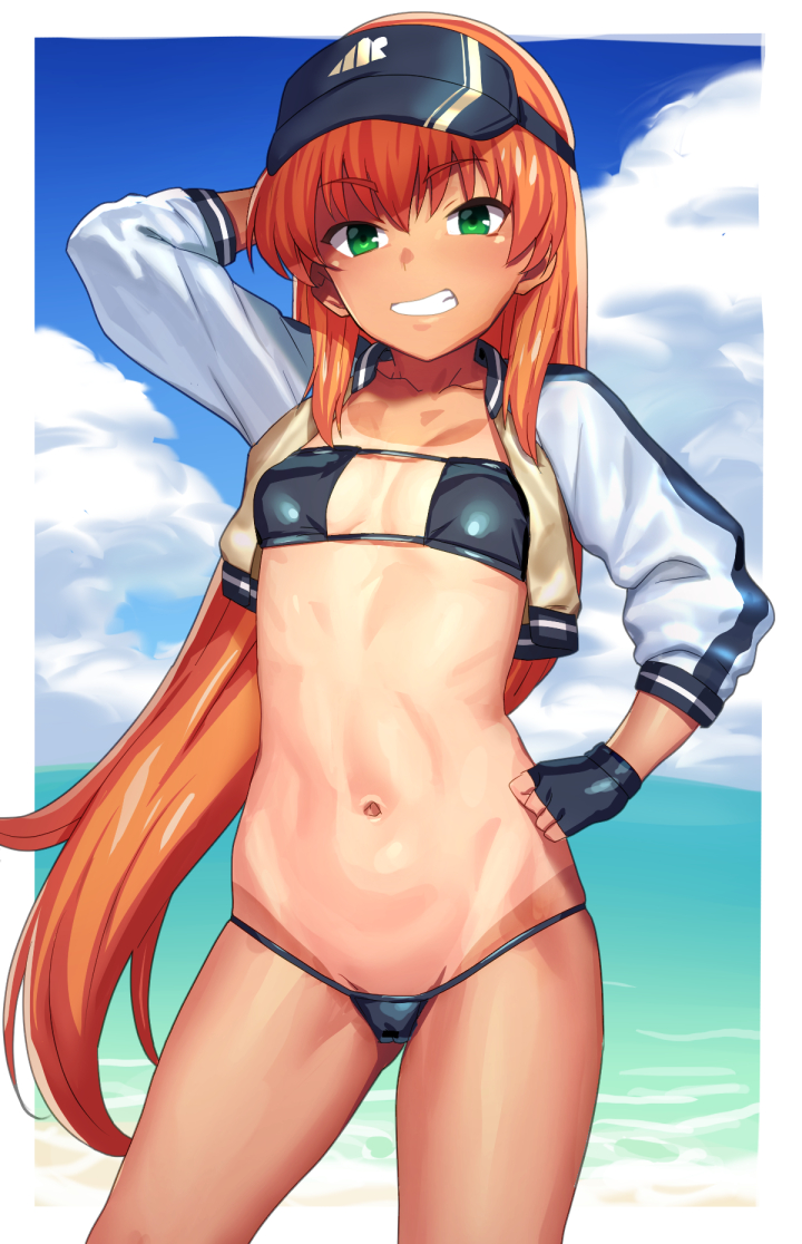 1girl abs akai_homura artworks/73478826 bikini breasts eyepatch_bikini hand_on_own_hip jacket long_hair model_pose one-piece_tan outdoors small_breasts solo strapless swimsuit tan tanline tenchisouha tokimeki_memorial tokimeki_memorial_2 tube_top visor_cap