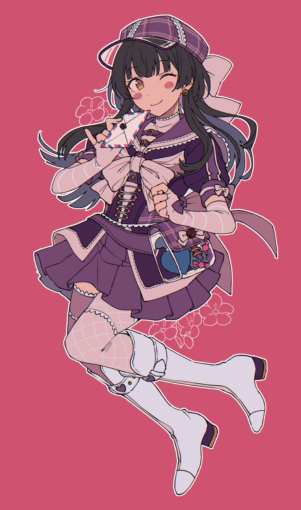 1girl asymmetrical_legwear belt black_hair blunt_bangs blush boots bow bowtie breasts brown_eyes chest_belt closed_mouth dot_nose dress_bow elbow_gloves envelope fingerless_gloves fishnet_pantyhose fishnets floral_background full_body glove_bow gloves hair_bow hat highres holding holding_letter idolmaster idolmaster_shiny_colors jacket knee_boots letter long_hair looking_at_viewer mayuzumi_fuyuko medium_breasts miniskirt mismatched_legwear niyororinpayamaru one_eye_closed pantyhose pink_background pink_bow pink_bowtie pink_gloves pink_pantyhose pink_ribbon pink_shirt pleated_skirt purple_belt purple_bow purple_jacket purple_skirt purple_thighhighs ribbon see-through_bag shirt short_sleeves simple_background skirt smile solo thighhighs white_boots