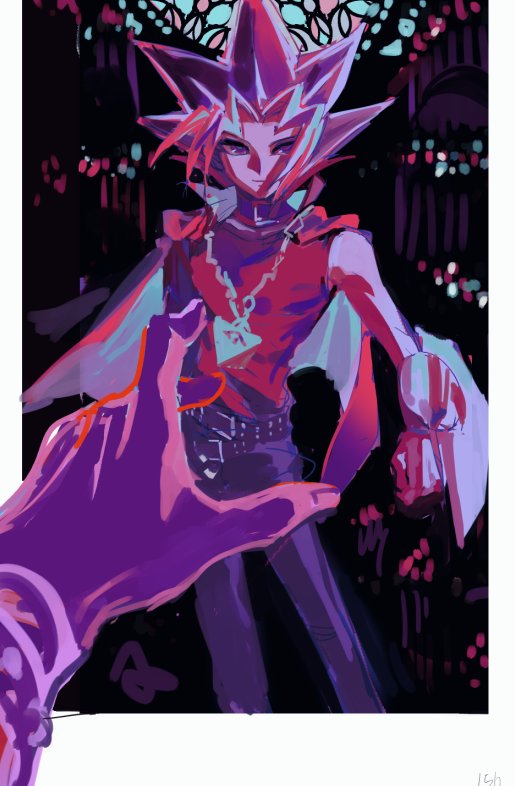 2boys bare_shoulders border cowboy_shot duel_disk hand_focus jacket jacket_on_shoulders looking_at_viewer moemoenomori multicolored_hair multiple_boys muto_yugi pov purple_thighhighs shirt sketch spiked_hair thighhighs white_border yami_yugi yu-gi-oh! yu-gi-oh!_duel_monsters