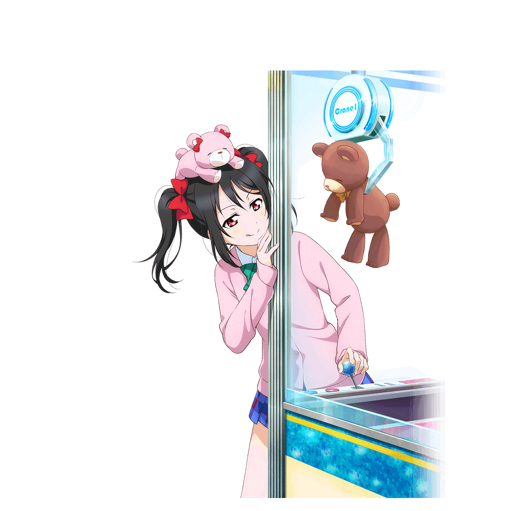 1girl against_glass bear black_hair blue_skirt blush bow bowtie cardigan closed_mouth controller cowboy_shot crane_game diagonal-striped_bow diagonal-striped_bowtie diagonal-striped_clothes dress_shirt green_bow green_bowtie hair_bow hand_up jitome joystick long_sleeves looking_at_object love_live! love_live!_school_idol_festival love_live!_school_idol_project miniskirt official_art otonokizaka_school_uniform pink_cardigan plaid_clothes plaid_skirt pleated_skirt red_bow red_eyes school_uniform shirt skirt smile solo standing striped_clothes stuffed_animal stuffed_toy summer_uniform teddy_bear tongue tongue_out transparent_background twintails v-shaped_eyebrows white_shirt yazawa_nico