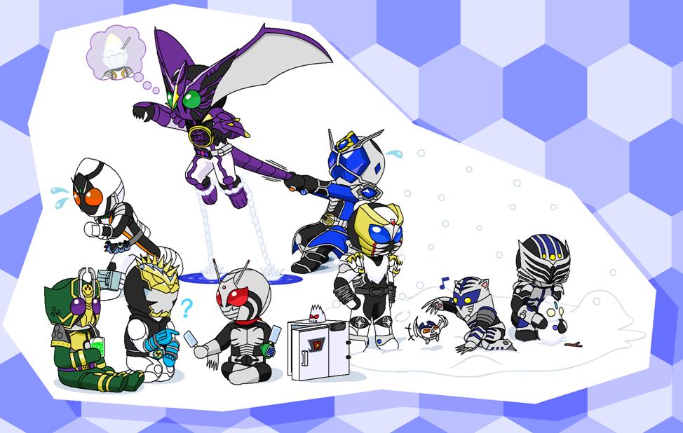 6+boys ? belt cup destwilder drink drinking drinking_straw food head_wings ice indian_style jewelry kamen_rider kamen_rider_blade_(series) kamen_rider_fourze kamen_rider_fourze_(series) kamen_rider_hibiki_(series) kamen_rider_kiva_(series) kamen_rider_leangle kamen_rider_ooo kamen_rider_ooo_(series) kamen_rider_rey kamen_rider_ryuki_(series) kamen_rider_super-1 kamen_rider_super-1_(series) kamen_rider_tiger kamen_rider_touki kamen_rider_wizard kamen_rider_wizard_(series) male_focus mask multiple_boys musical_note popsicle putotyra_(ooo_combo) redol refrigerator rey_kivat ring seiza shaved_ice sitting snow tail tail_grab tailcoat wings