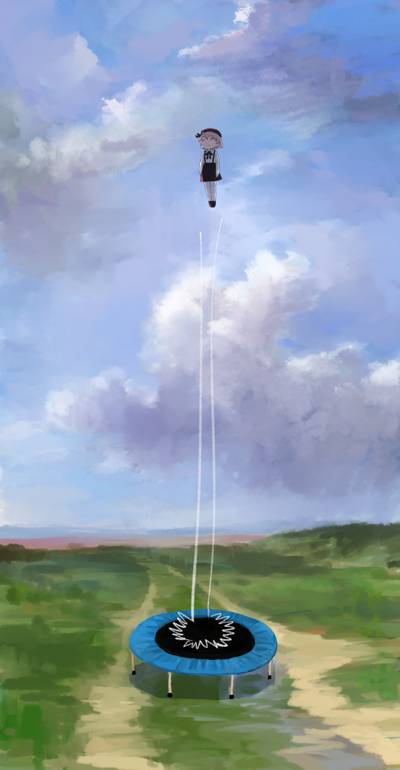 1girl arms_at_sides asasow beret black_ribbon black_skirt blue_sky brown_hair closed_mouth cloud cloudy_sky commentary_request day expressionless grass hair_ribbon hat hatoba_tsugu highres jitome jumping long_sleeves midair motion_lines outdoors pantyhose ribbon shirt shoes skirt sky solo suspender_skirt suspenders trampoline tsugu_(vtuber) virtual_youtuber white_pantyhose white_shirt wide_shot