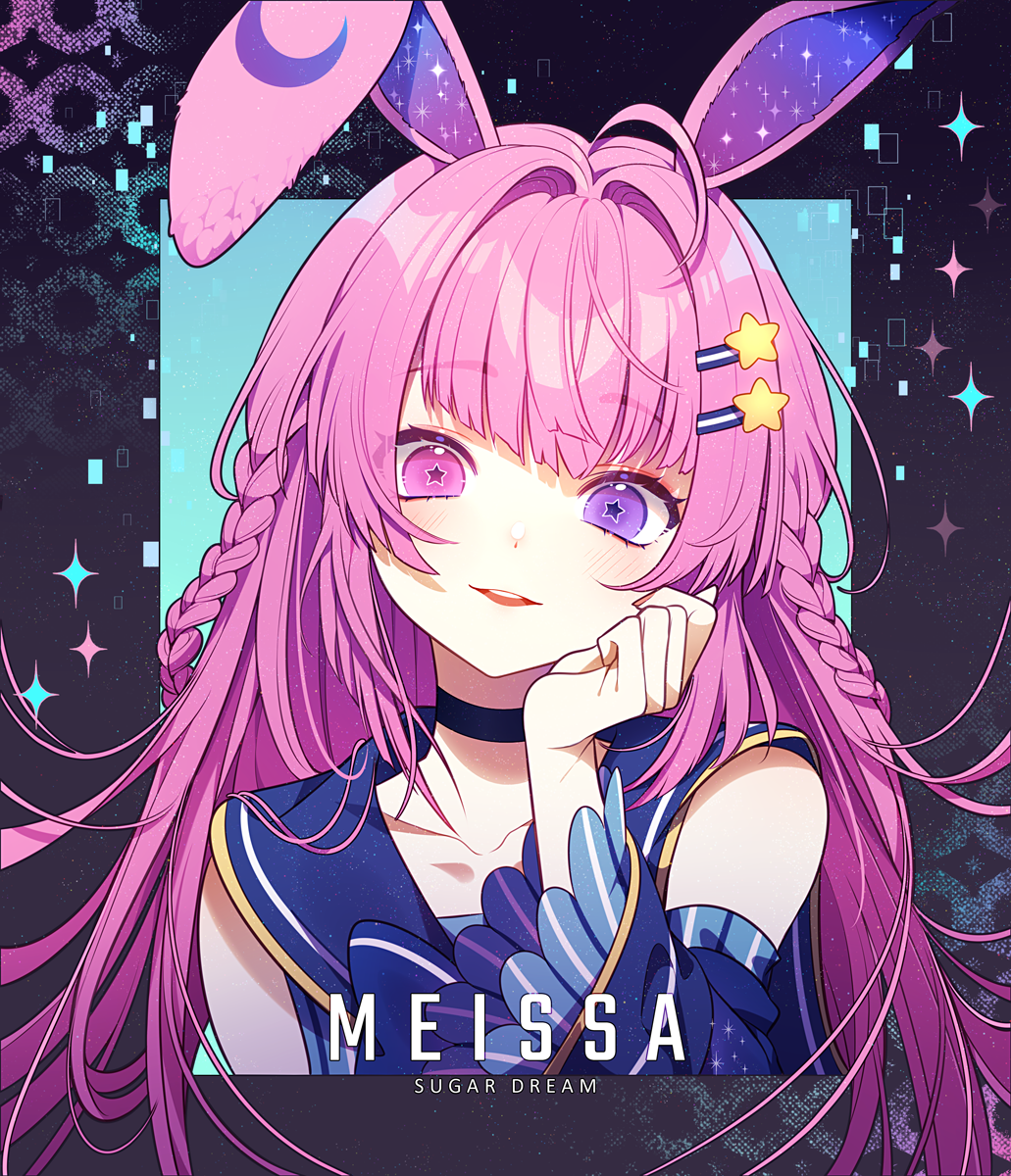 1girl animal_ear_tattoo animal_ears bare_shoulders black_background blue_bow blue_bowtie blue_dress blue_eyes blue_sailor_collar blunt_bangs bow bowtie braid character_name collared_dress commentary crescent_tattoo detached_sleeves dress english_commentary english_text eyelashes floppy_ears frilled_sleeves frills hair_ornament hairclip hand_on_own_cheek hand_on_own_face hen-tie heterochromia highres light_blush long_hair long_sleeves looking_at_viewer loose_hair_strand meissa_(hen-tie) open_mouth original pink_eyes pink_hair rabbit_ears sailor_collar side_braid sleeveless sleeveless_dress smile solo sparkle square star_(symbol) star_hair_ornament star_in_eye striped_bow striped_bowtie striped_clothes symbol_in_eye teeth upper_body upper_teeth_only wide_sleeves