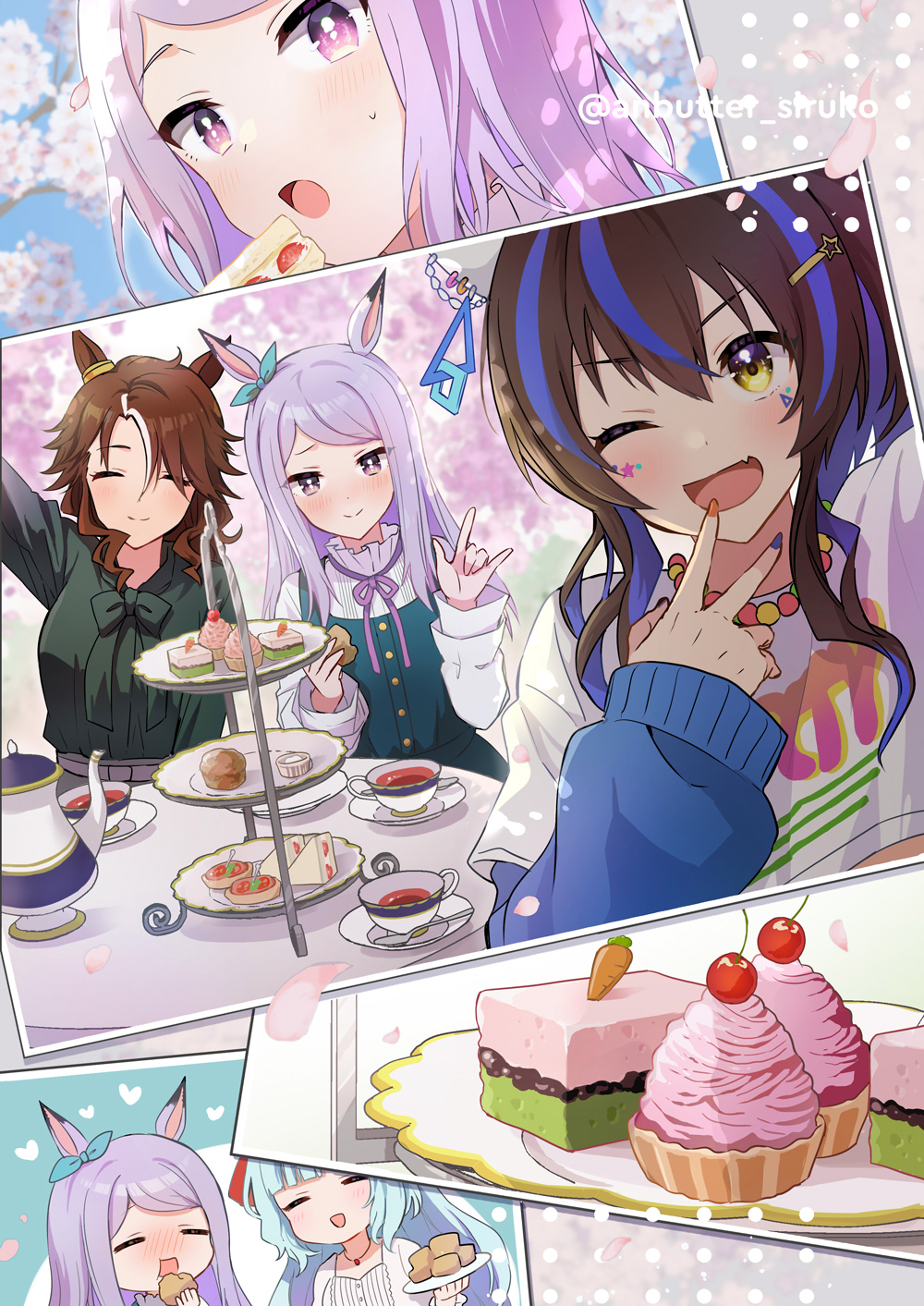 4girls anbutter_siruko animal_ears aqua_bow black_tea blue_hair blush bow brown_hair cake closed_eyes closed_mouth cup daitaku_helios_(umamusume) dress ear_bow eating fang food green_dress green_shirt hair_between_eyes hair_ornament hairclip highres holding holding_food horse_ears horse_girl light_purple_hair long_hair long_sleeves medium_hair mejiro_ardan_(umamusume) mejiro_mcqueen_(umamusume) mejiro_palmer_(umamusume) multiple_girls one_eye_closed open_mouth pinafore_dress purple_eyes revision shirt skin_fang sleeveless sleeveless_dress smile tea twitter_username umamusume white_shirt yellow_eyes