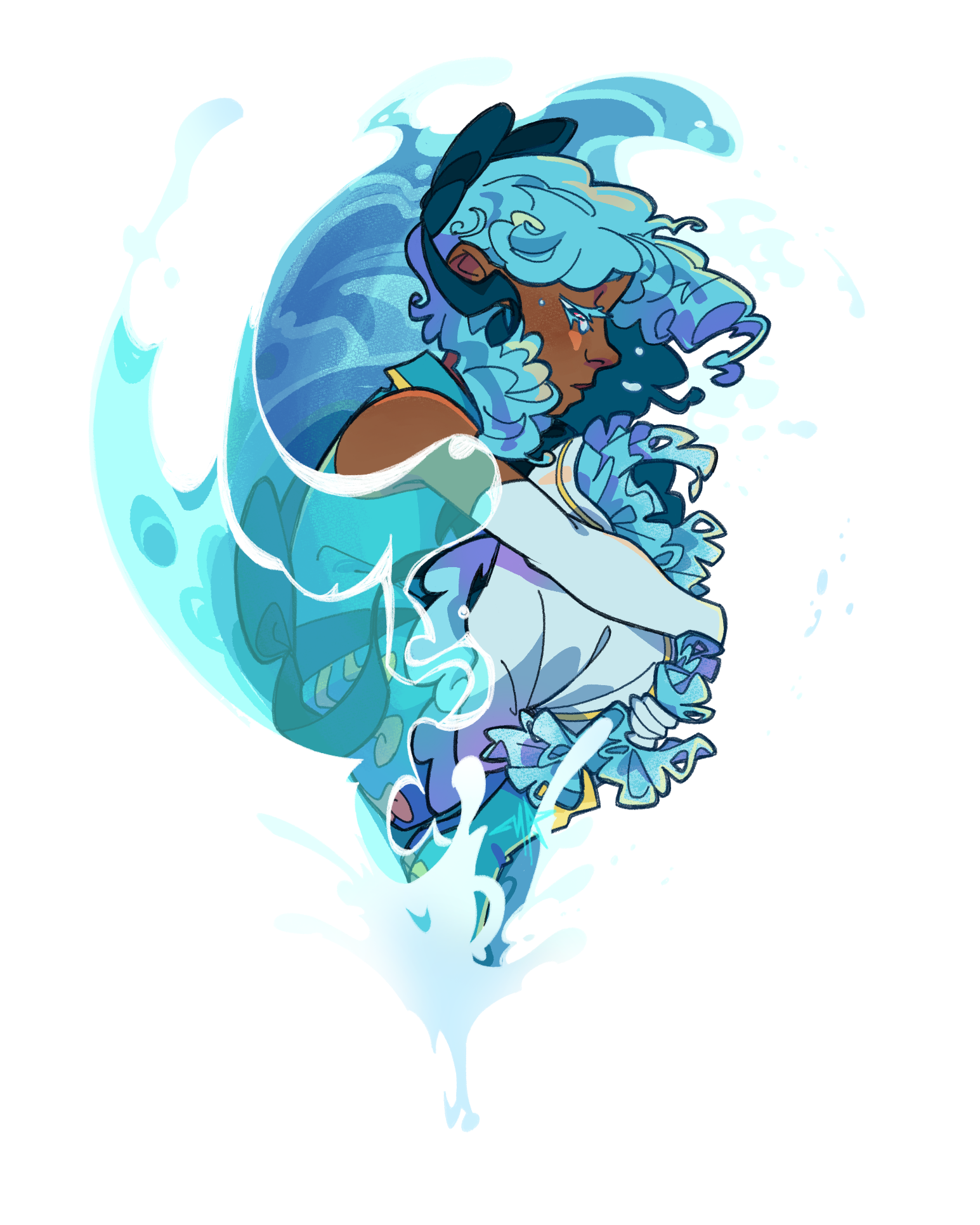 1girl blue_hair bow closed_eyes crying dark-skinned_female dark_skin elbow_gloves gloves hair_bow highres hypersp-ce magical_girl sad sleepless_domain solo transparent_background undine_wells uniform water white_gloves