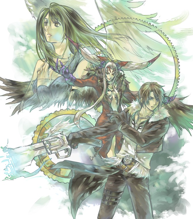1boy 2girls arms_up belt belt_buckle black_gloves black_hair black_jacket black_pants black_wings blue_eyes brown_belt brown_hair buckle chain chain_necklace claws coat commentary_request cropped_jacket dated_commentary detached_sleeves facial_mark feathered_wings final_fantasy final_fantasy_viii fur-trimmed_jacket fur_trim gears gloves grey_eyes gunblade hand_on_own_chest hands_up hinokami holding holding_weapon horns jacket jewelry light_smile long_hair long_sleeves looking_to_the_side looking_up multiple_belts multiple_girls necklace open_clothes open_jacket outstretched_arms pants parted_lips pendant purple_gloves red_coat rinoa_heartilly scar scar_on_face serious shirt short_hair sleeveless_duster squall_leonhart studded_belt thigh_strap ultimecia upper_body v-neck very_long_hair waist_cape weapon white_fur white_hair white_shirt white_wings wings