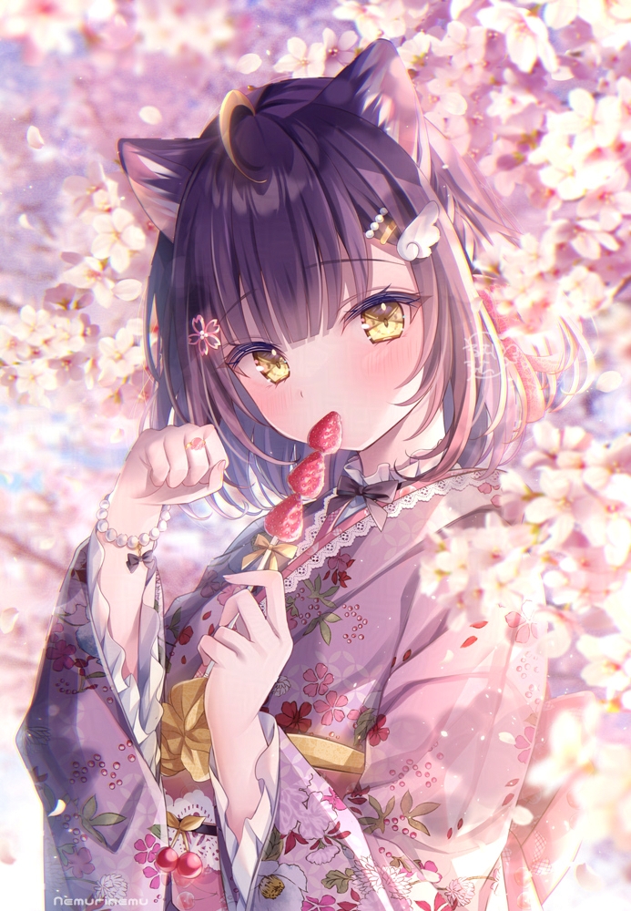 1girl ahoge animal_ears bead_bracelet beads black_hair blush bracelet brown_eyes cat_ears cherry_blossoms commentary_request eating food fruit hair_ornament hairclip holding holding_skewer japanese_clothes jewelry kimono long_sleeves looking_at_viewer nemuri_nemu obi original outdoors paw_pose purple_kimono sash short_hair skewer strawberry upper_body wing_hair_ornament yellow_sash
