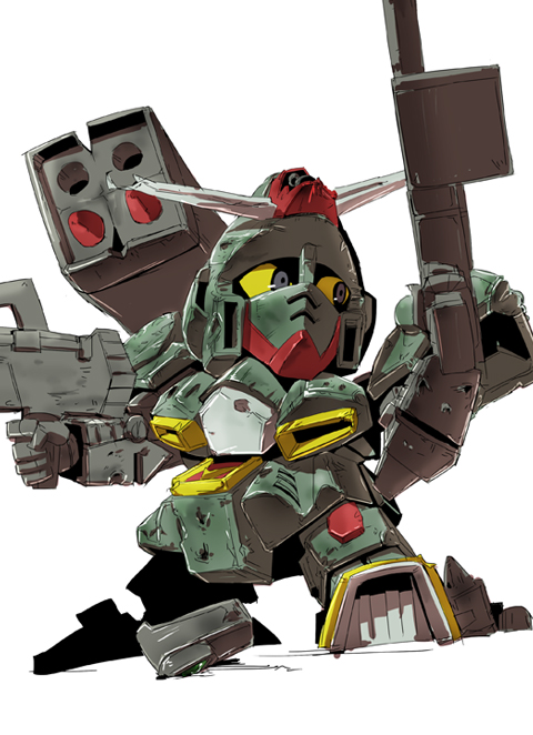 colored_sclera command_gundam damaged dual_wielding grey_eyes gundam holding mecha missile_pod moyashi_koubou no_humans robot science_fiction sd_command_chronicles sd_gundam solo standing v-fin white_background yellow_sclera