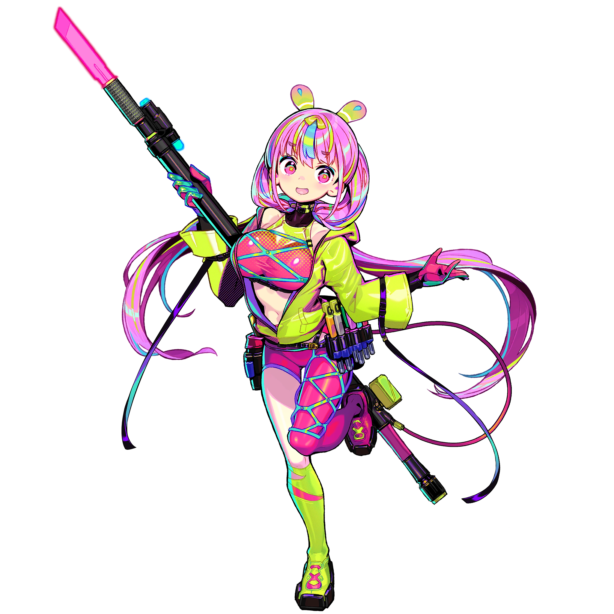 1girl :d asymmetrical_legwear blonde_hair blue_hair game_cg girls'_frontline girls'_frontline_neural_cloud gloves green_hair green_jacket highres jacket navel official_art onono_imoko open_clothes open_jacket open_mouth pink_eyes pink_hair puzzle_(neural_cloud) smile solo standing standing_on_one_leg symbol-shaped_pupils tachi-e third-party_source transparent_background x-shaped_pupils