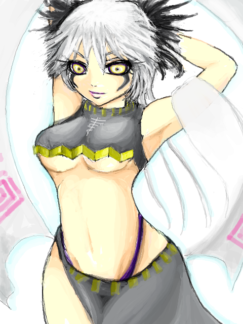 1girl alternate_form alternate_hair_color bare_legs blush breasts chinese_clothes crop_top curvy female_focus fushoku houshin_engi large_breasts looking_at_viewer midriff navel ou_kijin short_hair smile solo thong white_hair wide_hips yellow_eyes