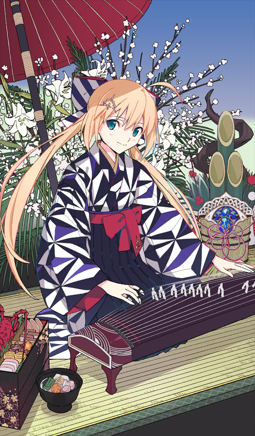 1girl ahoge artoria_caster_(fate) artoria_caster_(springtime_koto_strings)_(fate) artoria_pendragon_(fate) bento black_hakama black_kimono blonde_hair blue_bow blush bow bowl commentary fate/grand_order fate_(series) flower flower_request food_request full_body green_eyes hair_between_eyes hair_bow hair_ornament hakama hakama_skirt instrument japanese_clothes juubako kadomatsu kimono koto_(instrument) lobster long_hair long_sleeves looking_at_viewer marmyadose_(fate) multicolored_kimono music new_year obi official_art oil-paper_umbrella playing_instrument print_kimono purple_kimono red_sash red_umbrella sash seiza sidelocks sitting skirt smile solo split_ponytail striped_bow tarou2 tatami third-party_source umbrella very_long_hair white_bow white_flower white_kimono wide_sleeves