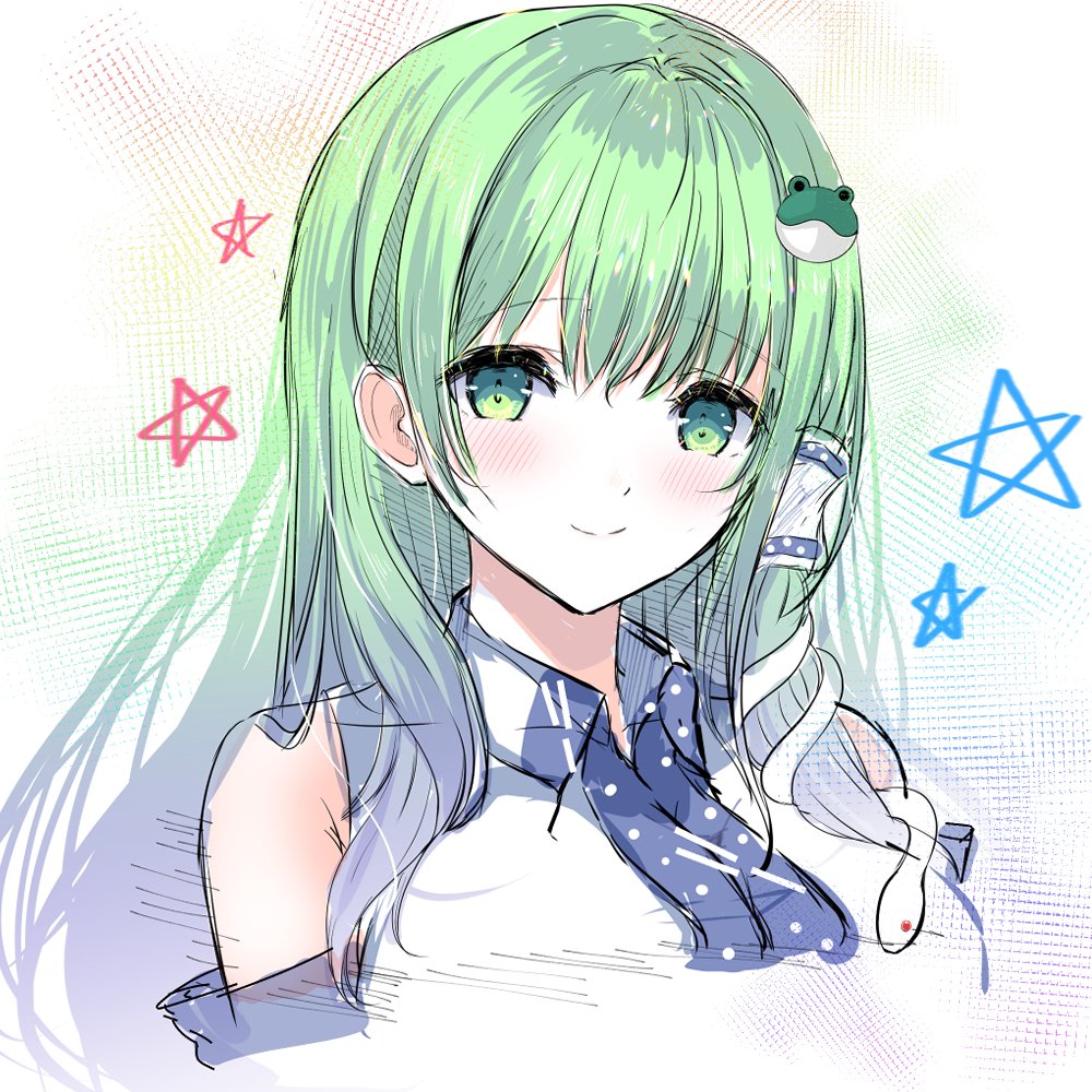 1girl bare_shoulders breasts closed_mouth collared_shirt detached_sleeves dot_nose frog_hair_ornament green_eyes green_hair hair_intakes hair_ornament hair_tubes kochiya_sanae large_breasts light_blush long_hair looking_at_viewer patterned_clothing shirt simple_background single_hair_tube single_sidelock sleeveless sleeveless_shirt smile snake_hair_ornament solo star_(symbol) tomo_(uguisu-tei) touhou upper_body white_background wide_sleeves wing_collar