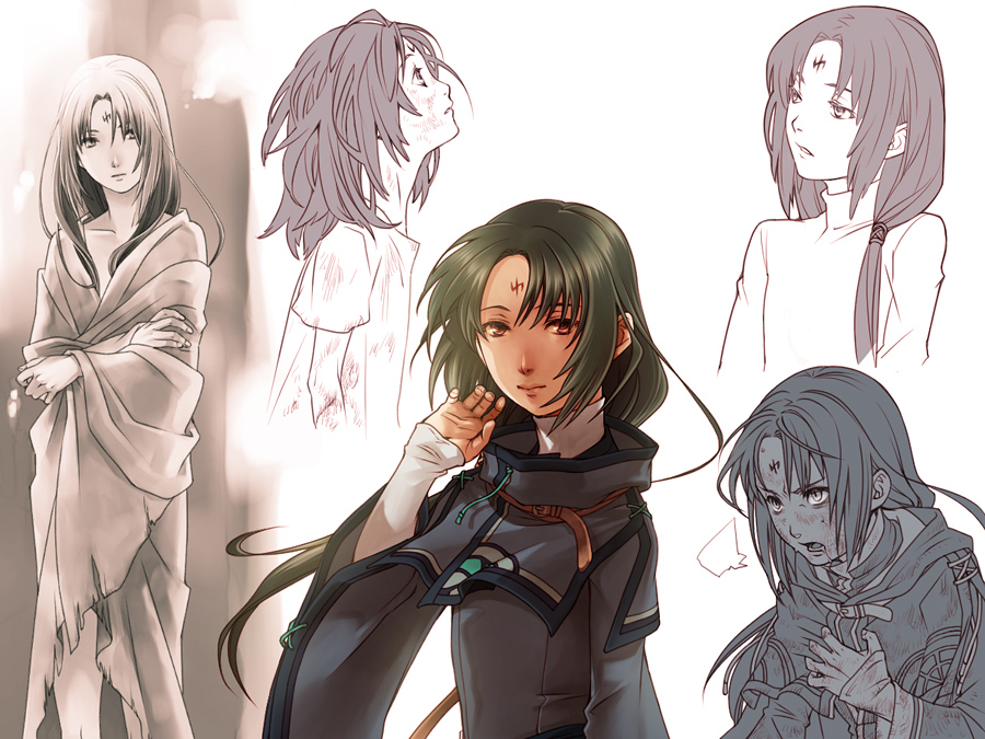 1boy androgynous capelet commentary_request facial_mark fire_emblem fire_emblem:_radiant_dawn forehead_mark green_hair kobashi_(hodohodo) long_hair male_focus multiple_views nintendo ponytail red_eyes soren_(fire_emblem)