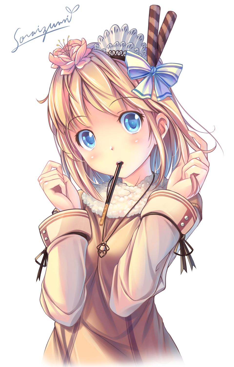 1girl artist_name blonde_hair blue_eyes blush bow female_focus flower food food_in_mouth fur_collar fur_trim hair_bow hair_flower hair_ornament hand_in_own_hair head_tilt highres jewelry long_sleeves looking_at_viewer necklace original pocky short_hair signature solo soraizumi twirling_hair upper_body w_arms white_background