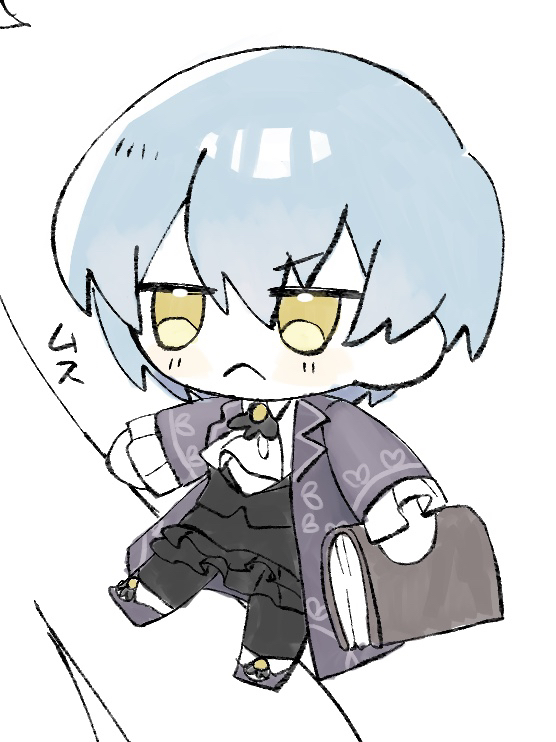 1girl :&lt; angela_(project_moon) ascot black_pantyhose black_skirt black_vest blue_coat blue_hair blue_shoes blush chibi closed_mouth coat collared_shirt frilled_sleeves frills full_body kitaku_(ienikaeru) lapels library_of_ruina long_sleeves notched_lapels pantyhose project_moon shirt shoes short_hair skirt solo vest white_ascot white_shirt yellow_eyes