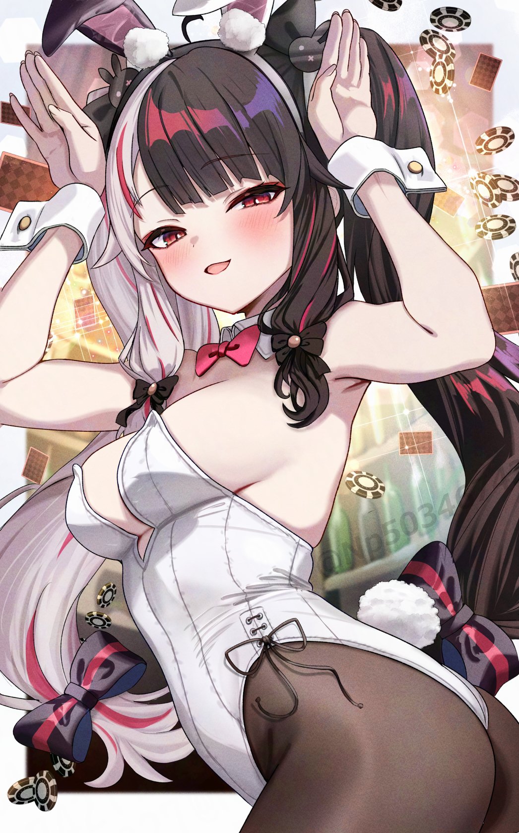 1girl animal_ears black_pantyhose bow bowtie breasts choppy_bangs commentary_request copyright_request detached_collar from_side gradient_hair hair_bow hair_ornament hands_up highres leotard looking_at_viewer medium_breasts multicolored_hair n/p_(xrey2588) narrowed_eyes open_mouth pantyhose poker_chip rabbit_ears red_bow red_bowtie red_eyes sideboob sidelocks solo streaked_hair twintails white_leotard wrist_cuffs yorumi_rena