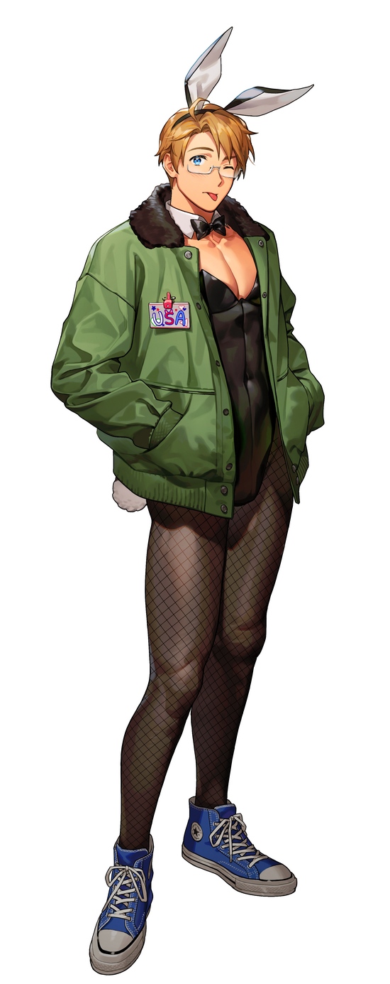 1boy :p america_(hetalia) animal_ear_headband animal_ears axis_powers_hetalia black_bow black_bowtie black_leotard blonde_hair blue_shoes bomber_jacket bow bowtie commentary_request converse detached_collar fake_animal_ears fishnets full_body glasses green_jacket hands_in_pockets headband highres jacket leotard male_focus male_playboy_bunny one_eye_closed rabbit_ears rabbit_tail shoes sneakers solo standing tail to@st tongue tongue_out