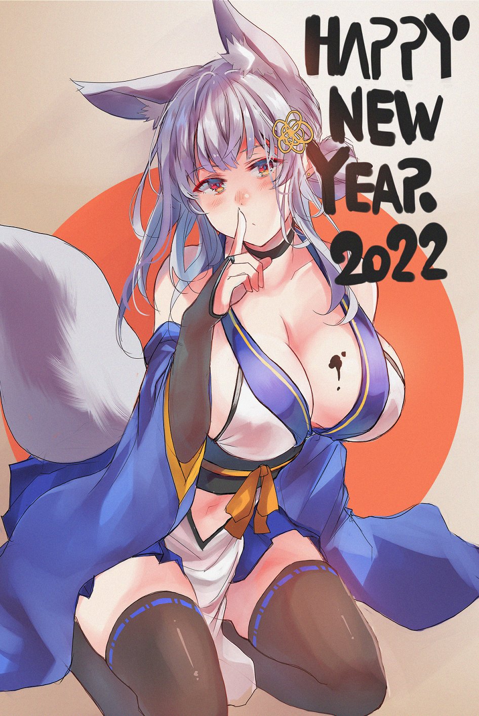 1girl 2022 animal_ear_fluff animal_ears bare_shoulders black_choker black_gloves black_thighhighs blue_skirt blue_sleeves breasts choker cleavage clothing_cutout detached_sleeves elbow_gloves extra_ears finger_to_own_nose fingerless_gloves fox_ears fox_tail gloves hair_ornament hand_on_own_face happy_new_year highres japanese_clothes microskirt navel_cutout new_year orange_eyes original pelvic_curtain ribbon-trimmed_thighhighs ribbon_trim sash sawaya_(mizukazu) sitting skirt tail thighhighs wariza wide_sleeves