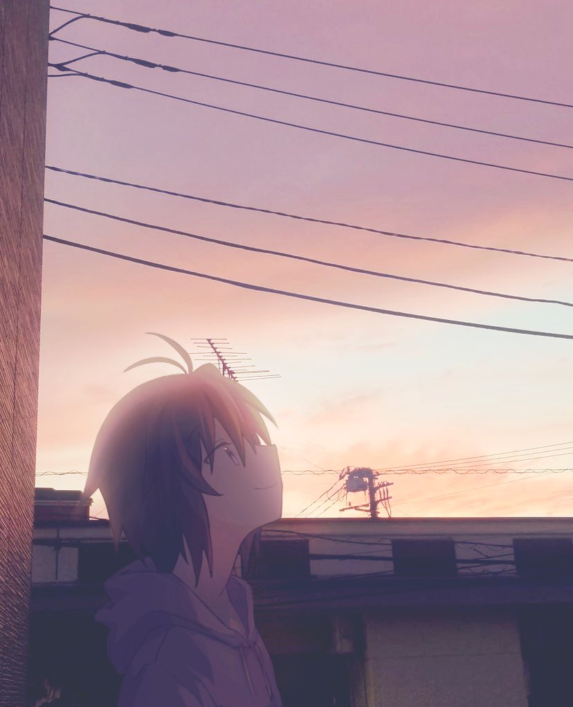 antenna_hair blush cloud cloudy_sky from_side hood hoodie idolmaster idolmaster_(classic) kikuchi_makoto light_smile looking_up orange_sky parted_bangs power_lines purple_eyes sidelocks sky utility_pole vickyycy99