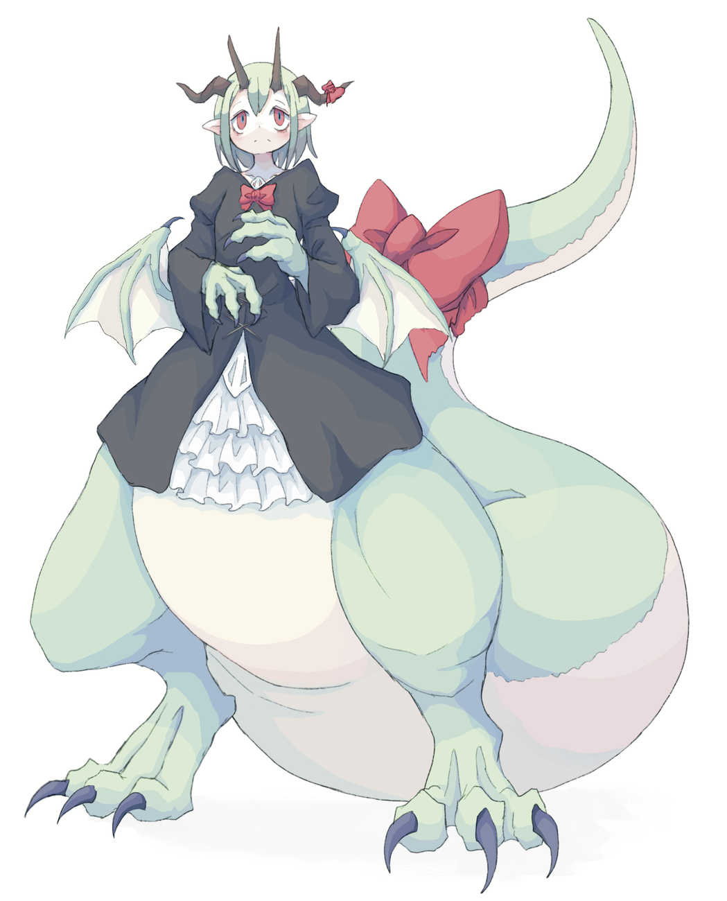 1girl 4138 black_dress black_horns bow broken_horn centauroid claws closed_mouth collarbone commentary dragon_girl dragon_tail dragon_wings dress frown full_body green_hair highres horn_bow horn_ornament horns layered_dress long_sleeves mini_wings monster_girl multiple_horns original pointy_ears puffy_long_sleeves puffy_sleeves red_bow red_eyes short_hair solo standing tail tail_bow tail_ornament taur wide_sleeves wings