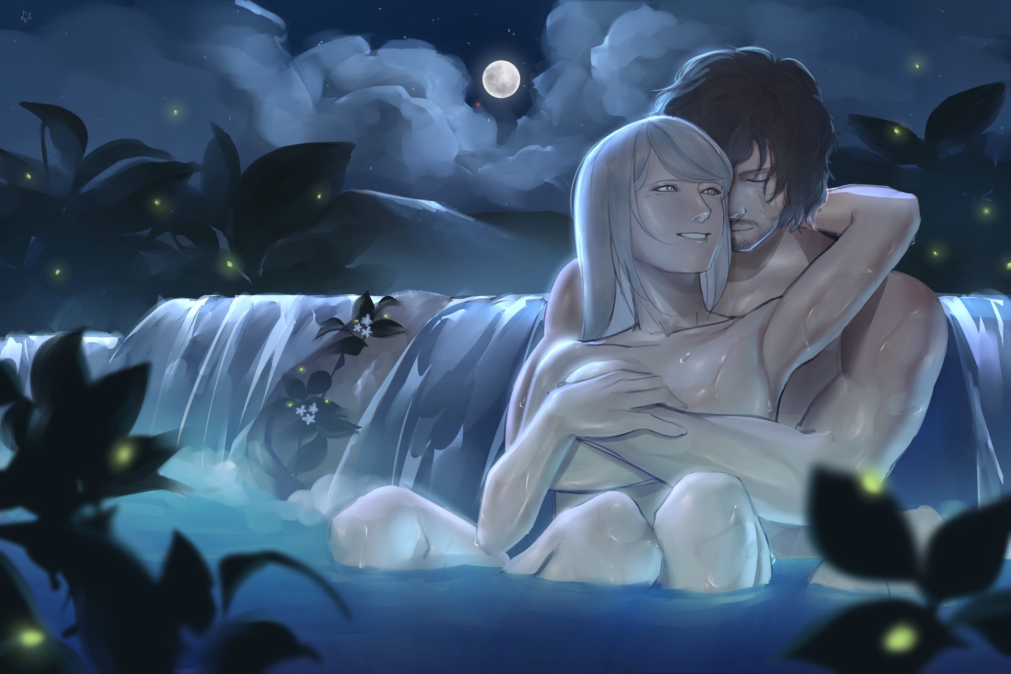 1boy 1girl afterglow animal armpits bathing black_hair bunnedbutter clive_rosfield closed_eyes cloud cloudy_sky completely_nude couple covering_privates facial_hair final_fantasy final_fantasy_xvi fireflies full_moon grabbing_another's_breast grey_hair groping happy highres hug hug_from_behind jill_warrick leaning_on_person long_hair looking_at_another mixed-sex_bathing moon muscular muscular_male night night_sky nude on_water scar scar_on_face shared_bathing short_hair sitting_on_water sky smile water waterfall wet