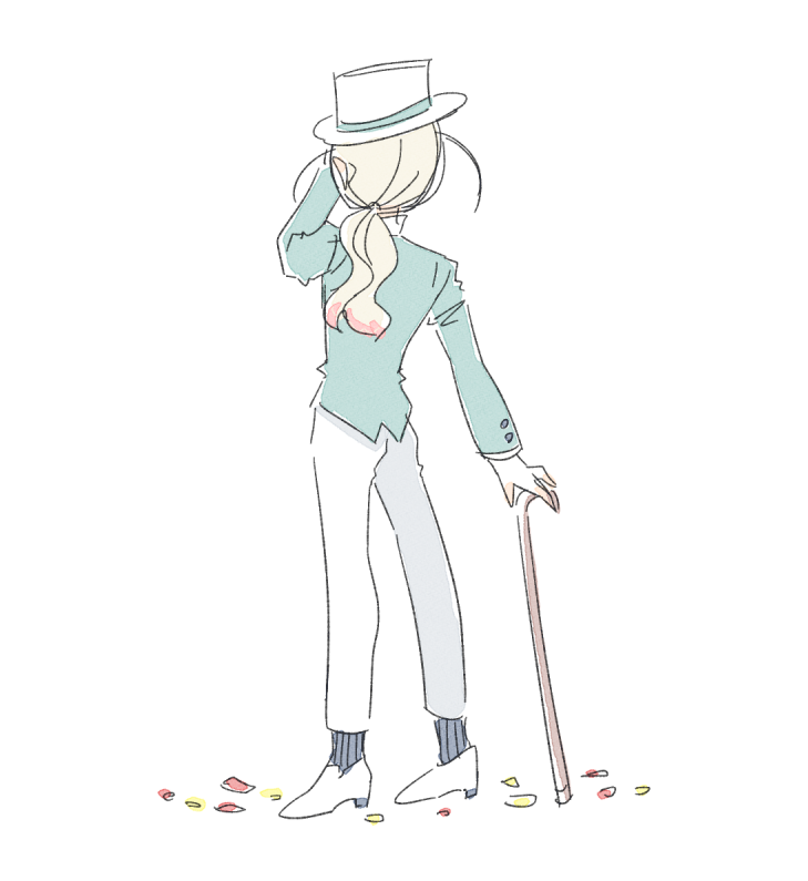 1girl aqua_jacket arne_no_jikenbo black_socks blazer blonde_hair buttons cane colored_tips commentary commentary_request confetti crossdressing dress_pants dress_shoes english_commentary formal_clothes from_behind full_body hand_on_headwear hat holding holding_cane jacket layered_sleeves long_hair long_sleeves loose_hair_strand low_ponytail lynn_reinweiss mixed-language_commentary multicolored_hair pants pink_hair ponytail shoes shuntaro_(tya_nya0000) simple_background socks solo standing striped_clothes striped_socks top_hat vertical-striped_clothes vertical-striped_socks white_background white_hat white_pants white_shoes