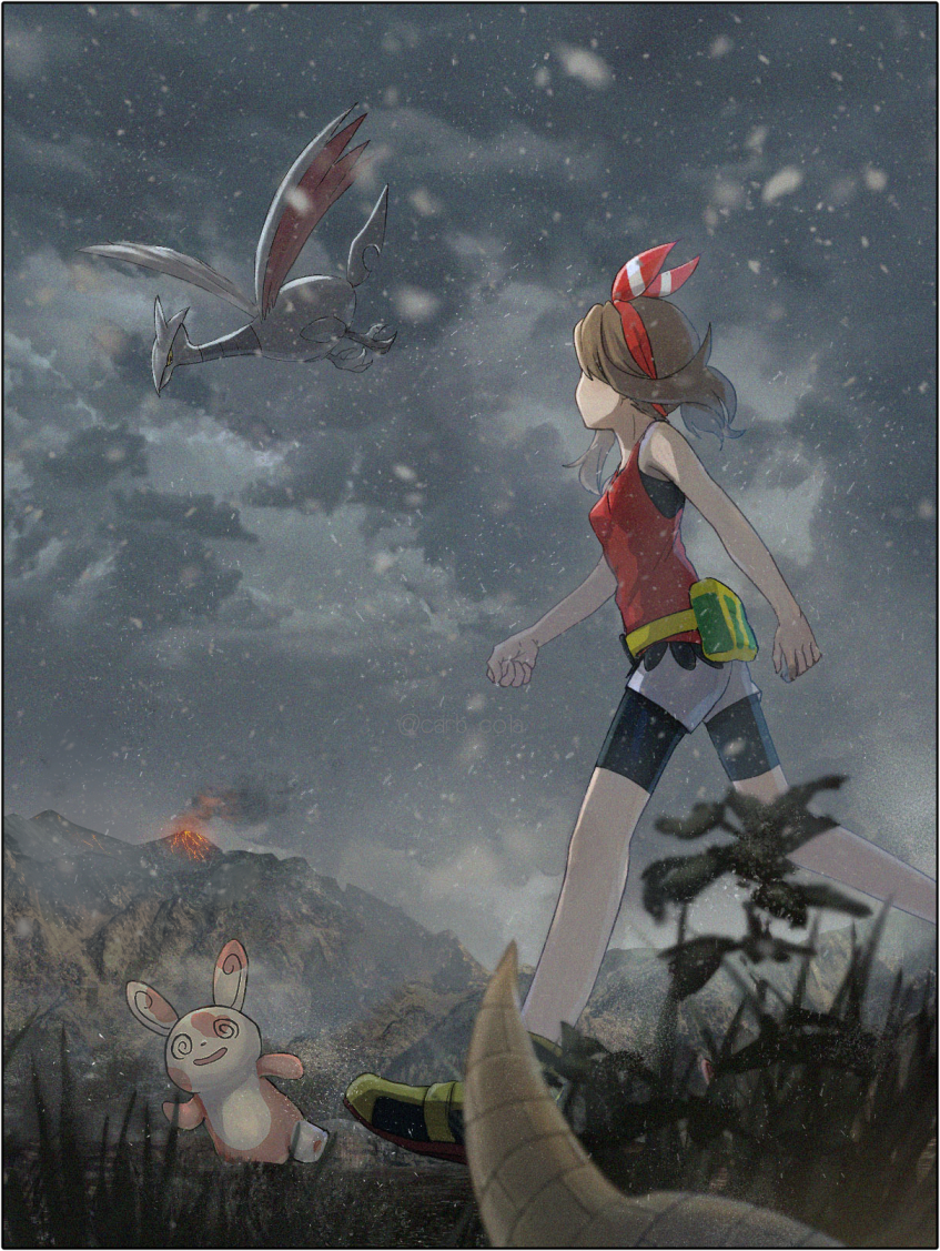 1girl bare_arms bike_shorts bike_shorts_under_shorts border breasts brown_hair cloud commentary_request fanny_pack flying from_below gen_1_pokemon gen_2_pokemon gen_3_pokemon green_bag hairband hitsuji_kusa may_(pokemon) mountain nintendo outdoors pokemon pokemon_(creature) pokemon_oras red_hairband red_shirt sandshrew shirt shoes shorts skarmory sky sleeveless sleeveless_shirt spinda standing volcanic_ash volcano white_shorts yellow_shoes