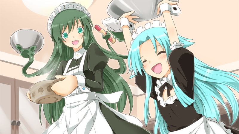 2girls ^_^ apron aqua_eyes aqua_hair arms_behind_back bowl crossover closed_eyes green_hair haiyore!_nyaruko-san long_hair maid maid_apron maid_headdress multiple_girls open_mouth oven_mitts personification pot prehensile_hair shantak_(nyaruko-san) smile tekeli uchi_no_maid_wa_futeikei yuto_(dialique)