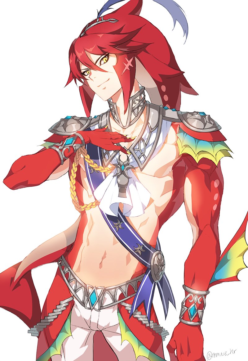 1boy abs bare_pectorals fins fish_boy gem hair_ornament hand_on_own_chest humanization jewelry looking_at_viewer male_focus monster_boy muscular muse_(rainforest) nintendo pants pectorals red_hair scar sharp_toenails shoulder_pads sidon simple_background slit_pupils smile solo the_legend_of_zelda the_legend_of_zelda:_breath_of_the_wild toenails topless_male white_background yellow_eyes zora
