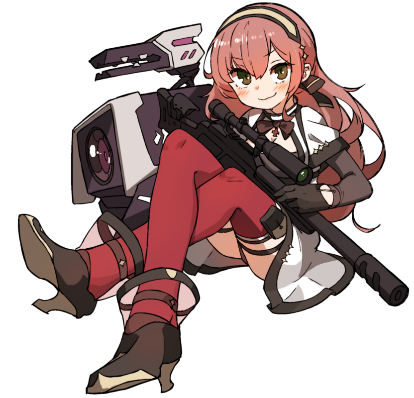 1girl amonitto black_gloves blaser_r93 blush bolt-action_rifle bolt_action brown_eyes closed_mouth commentary_request dinergate_(girls&#039;_frontline) dress full_body girls&#039;_frontline gloves gun hair_between_eyes holding holding_gun holding_weapon long_sleeves looking_at_viewer r93_(girls&#039;_frontline) red_legwear rifle simple_background smile sniper_rifle straight-pull_rifle straight_pull weapon white_background