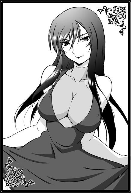 00s 1girl breasts cleavage female_focus gender_request genderswap greyscale gundam gundam_00 harada_shoutarou large_breasts long_hair monochrome solo standing tieria_erde