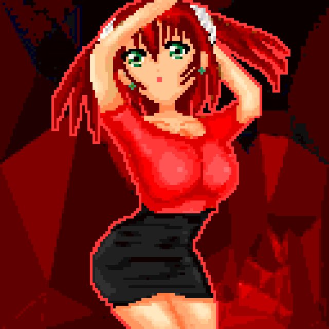 1girl 8-bit alternate_hairstyle aqua_eyes artist_name artist_request bare_legs black_skirt blush breasts collarbone earrings female_focus flower_earrings green_eyes hair_between_eyes jewelry kurosawa_ruby looking_at_viewer love_live! love_live!_sunshine!! medium_breasts miniskirt parted_lips plaid_clothes plaid_skirt pleated pleated_skirt red_hair red_shirt shirt short_hair short_sleeves skirt smile solo