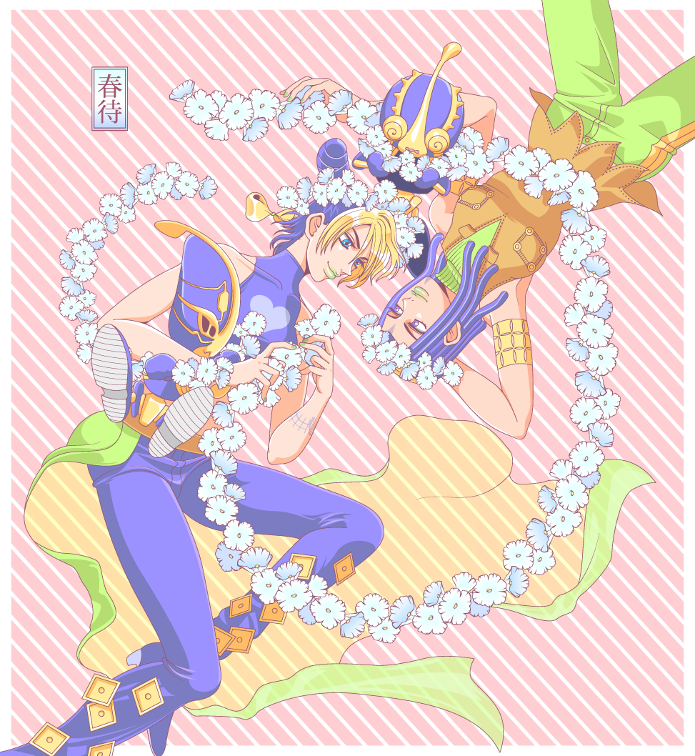 2girls 2others blonde_hair blue_hair braid chibi double_bun dreadlocks ermes_costello flower_wreath foo_fighters_(stand) green_eyes green_lips hair_bun jojo_no_kimyou_na_bouken kuujou_jolyne multicolored_hair multiple_girls multiple_others pastel_colors sleeveless sleeveless_sweater sleeveless_turtleneck stand_(jojo) stone_ocean sweater tazbun turtleneck two-tone_hair