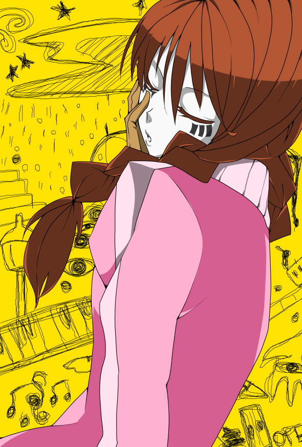 1girl braid brown_hair closed_eyes closed_mouth colored_skin do_obii hands_on_own_face madotsuki matryoshka_(vocaloid) parody patterned_background pink_shirt shirt simple_background solo twin_braids upper_body vocaloid white_skin yellow_background yume_nikki