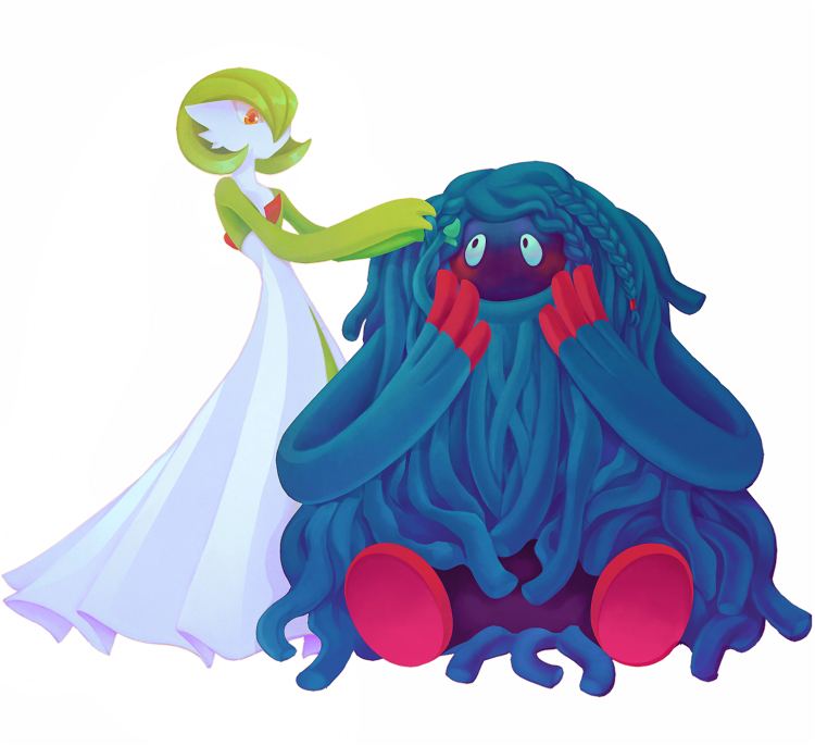 2girls blue_skin bob_cut colored_skin dress gardevoir gen_3_pokemon gen_4_pokemon green_hair green_skin hair_over_one_eye multicolored_skin multiple_girls nintendo pink_eyes pokemon pokemon_(creature) scruu simple_background tangrowth two-tone_skin white_background white_dress white_skin