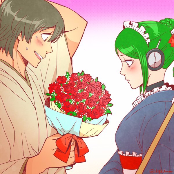 1boy 1girl 3mm :d android arm_behind_head bad_id bad_pixiv_id blush bouquet braid brown_hair choker flower gintama gradient_background green_hair japanese_clothes kimono looking_down maid_headdress obi open_mouth sash smile sweatdrop tama_(gintama) twitter_username upper_body yamazaki_sagaru