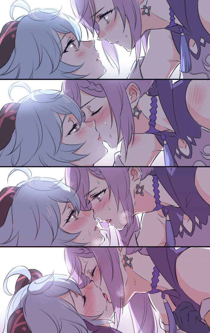 after_kiss blue_hair blush closed_eyes french_kiss ganyu_(genshin_impact) genshin_impact keqing_(genshin_impact) kiss negom purple_hair saliva saliva_trail yuri