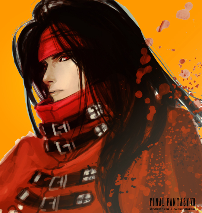 1990s_(style) 1boy black_hair cape copyright_name final_fantasy final_fantasy_vii headband j_(onose1213) long_hair male_focus realistic red_eyes solo vincent_valentine