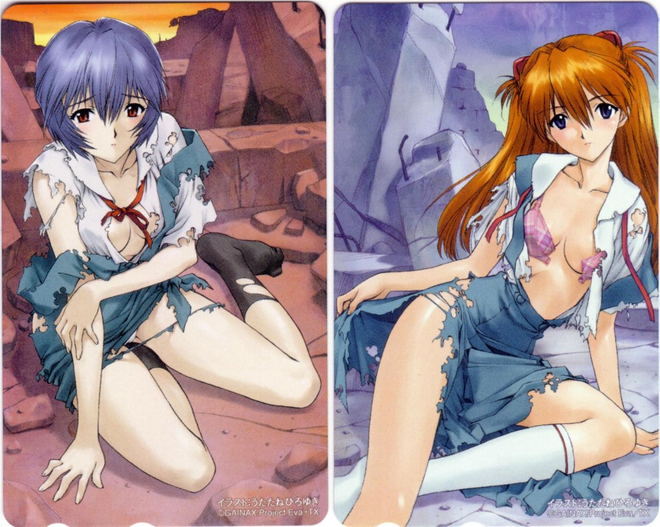 евангелион hentai utatane hiroyuki, ayanami rei, souryuu asuka langley, neon genesis  evangelion, 2girls, blue hair, blush, bra, breasts, feet, lingerie, long  hair, multiple girls, no shoes, open bra, open clothes, open shirt, orange  hair,