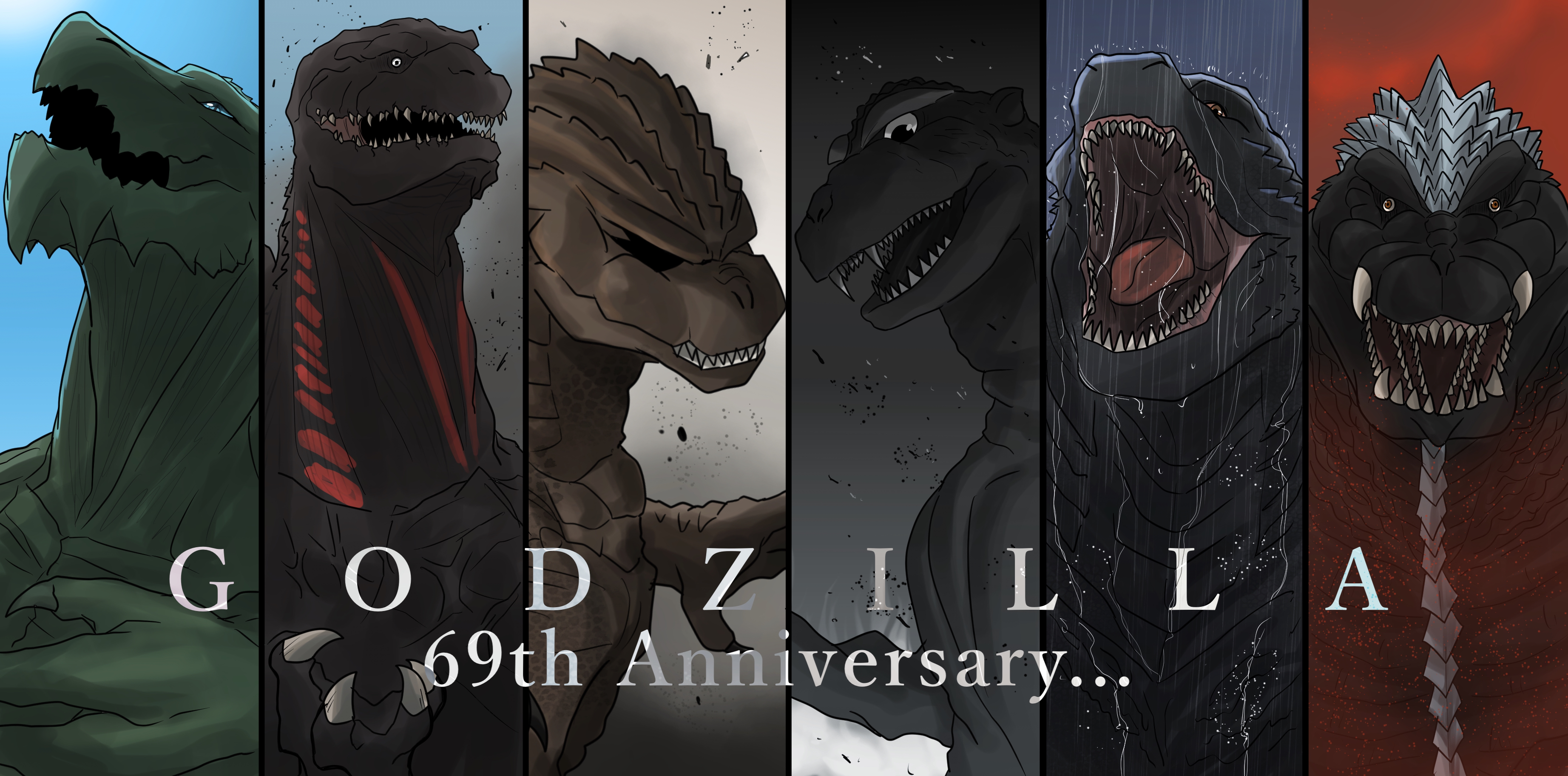 absurdres anniversary blue_eyes blue_sky bones_(company) character_name claws cloud cloudy_sky dinosaur english_text fangs fog giant giant_monster godzilla godzilla:_planet_of_the_monsters godzilla_(1954) godzilla_(2014) godzilla_(series) godzilla_earth godzilla_minus_one godzilla_singular_point godzilla_ultima highres ibuki_(tulta_icon) kaiju legendary_pictures looking_at_viewer looking_down looking_up monochrome monster monsterverse multiple_persona no_humans open_mouth orange_(company) orange_eyes overcast particles polygon_pictures rain roaring sharp_teeth shin_godzilla sky teeth toho tongue white_eyes