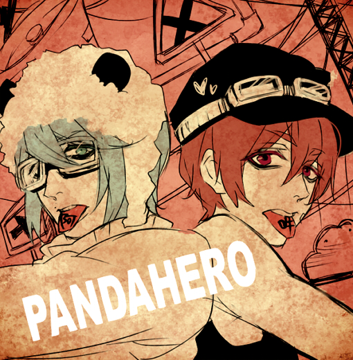 2boys animal_hat aqua_hair arsmagna bad_id bad_pixiv_id cabbie_hat copyright_name goggles goggles_on_headwear hat izumi_sou kano_akira_(arsmagna) male_focus multiple_boys ooyama_(hnk1018) panda_hero_(vocaloid) red_eyes red_hair tongue tongue_out upper_body vocaloid