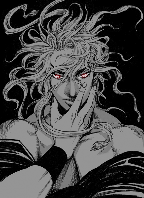 1boy dio_brando earrings flesh_bud glowing glowing_eyes hand_on_own_face hand_up jewelry jojo_no_kimyou_na_bouken male_focus merumeru626 off_shoulder prehensile_hair solo spot_color stardust_crusaders