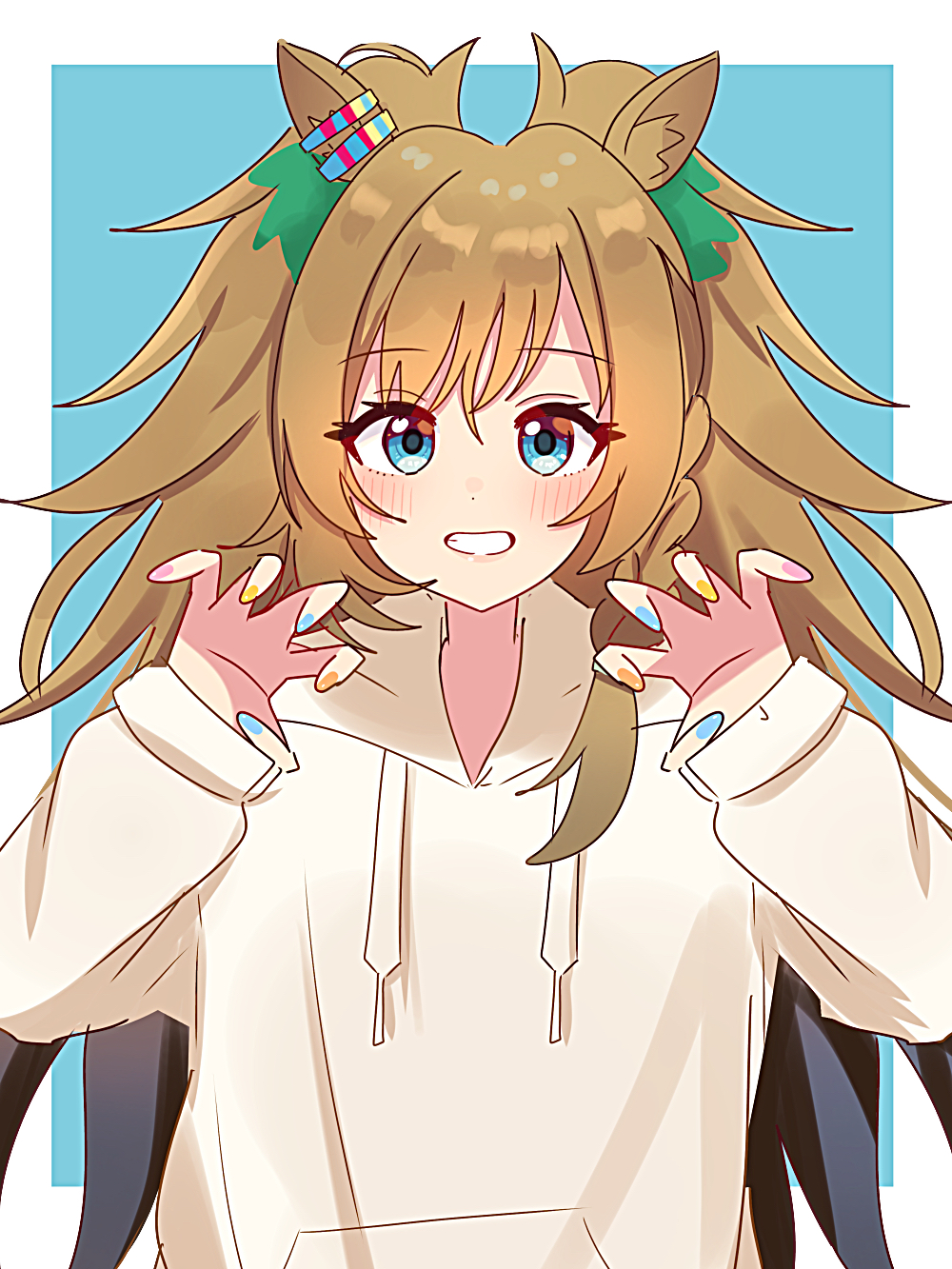 1girl animal_ears blast_onepiece_(umamusume) blue_background blue_eyes border brown_hair claw_pose commentary_request drawstring ear_ornament grin hair_between_eyes hair_ornament highres hood hood_down hoodie horse_ears horse_girl long_hair looking_at_viewer messy_hair multicolored_nails nail_polish outside_border shiroiro_obake smile solo umamusume very_long_hair white_border white_hoodie
