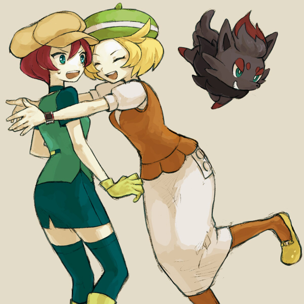 2girls aqua_eyes aqua_skirt aqua_thighhighs bianca_(pokemon) blonde_hair bright_pupils closed_eyes commentary_request dress eyelashes gen_5_pokemon georgia_(pokemon) gloves green_hat green_shirt grin hat imminent_hug multiple_girls nintendo open_mouth orange_pantyhose orange_vest pantyhose pokemon pokemon_(anime) pokemon_(creature) pokemon_bw_(anime) red_hair sawawa shirt shoes short_hair short_sleeves simple_background skirt smile standing standing_on_one_leg sweatdrop teeth thighhighs upper_teeth_only v-shaped_eyebrows vest white_dress white_pupils xtransceiver yellow_gloves yellow_hat yellow_shoes zorua