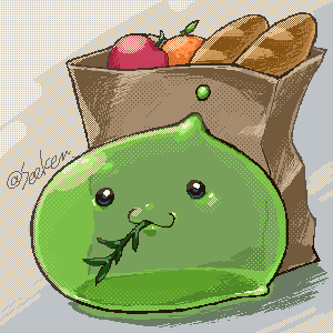 :3 apple bag baguette bread commentary_request food fruit grocery_bag herb lowres no_humans oekaki orange_(fruit) paper_bag poporing ragnarok_online apple rouko605 shopping_bag signature slime_(creature)