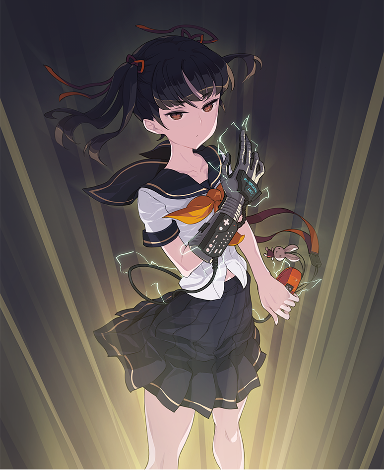 1girl black_hair black_skirt bored brown_eyes cellphone_strap commentary_request electricity female_focus hair_ribbon kazuoki miniskirt neckerchief original pleated_skirt power_glove red_ribbon ribbon sailor_collar school_uniform serafuku skirt solo standing strap two_side_up