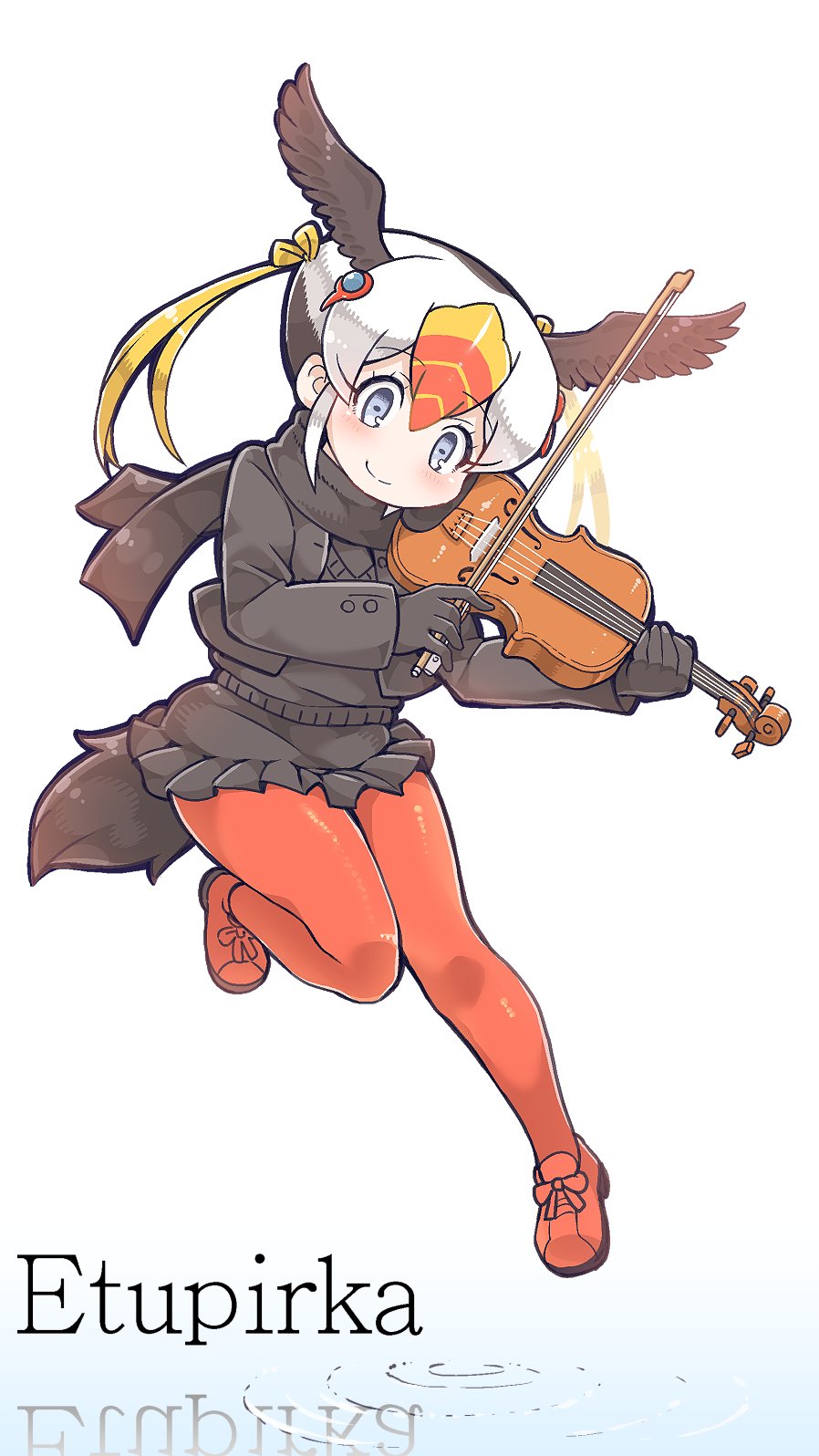 10s 1girl bird_tail bird_wings black_hair blonde_hair blue_eyes blush commentary female_focus gloves head_wings highres instrument jacket kemono_friends long_sleeves multicolored_hair music pantyhose playing_instrument pleated_skirt red_hair red_pantyhose scarf short_hair skirt solo standing standing_on_one_leg sweater tail tanaka_kusao tufted_puffin_(kemono_friends) violin white_hair wings