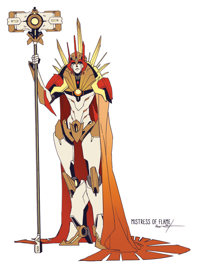 1girl armor cape hammer high_heels humanoid_robot mecha mecha_focus mistress_of_flame narrow_waist official_art orange_cape robot sarah_stone shoulder_armor solo the_transformers_(idw) thighs transformers war_hammer weapon white_background wide_hips yellow_eyes